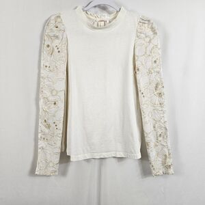 See By Chloe Long Sleeve Top with Embroidered Eyelet Sleeves in White - Size S